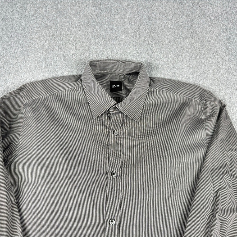Hugo Boss Shirt Mens L Gray Black Stripes Button Up Long Sleeve
